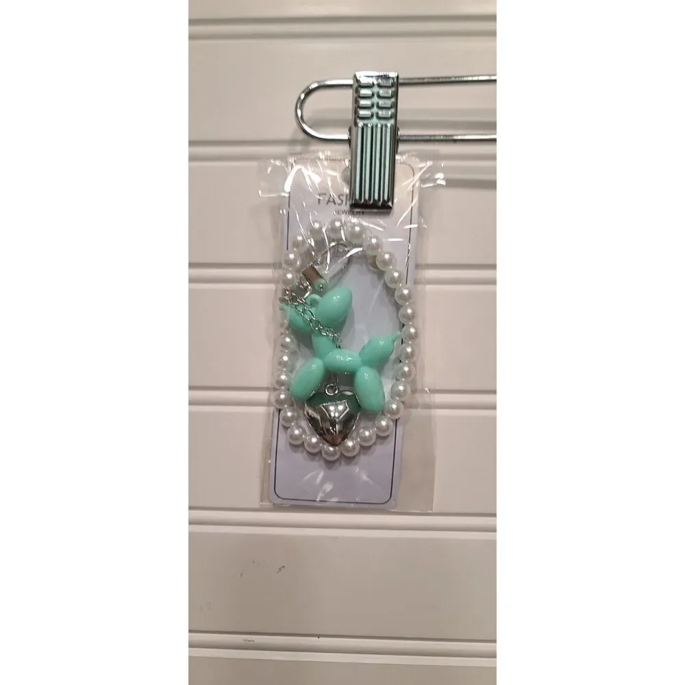 Mint Green Balloon Dog Keychain w/ Silver Heart & Pearls | Cute Charm Accessory